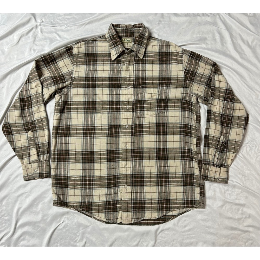 VTG LL Bean Mens Brown Cream Plaid 90's  Flannel Button Down LS Shirt Large
